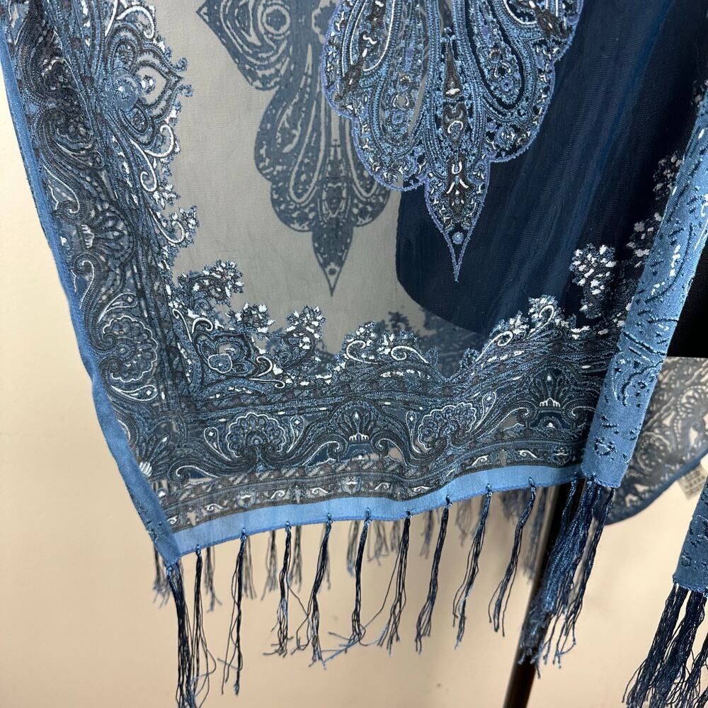 Pretty Persuasions Blue Paisley Sheer Kimono Fringe Boho Duster Fairy Coachella - Picture 6 of 11